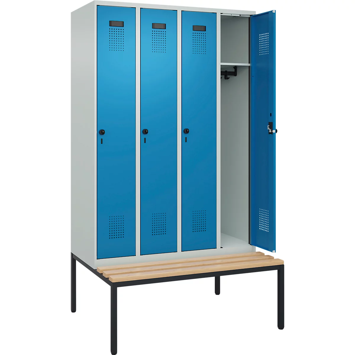 Kleiderspind C+P Evolo Plus, 4 Abteile, 300 mm Abteilbreite, mit untergebauter Sitzbank, B 1200 x T 815 x H 2120 mm, Drehriegel, lichtgrau/lichtblau