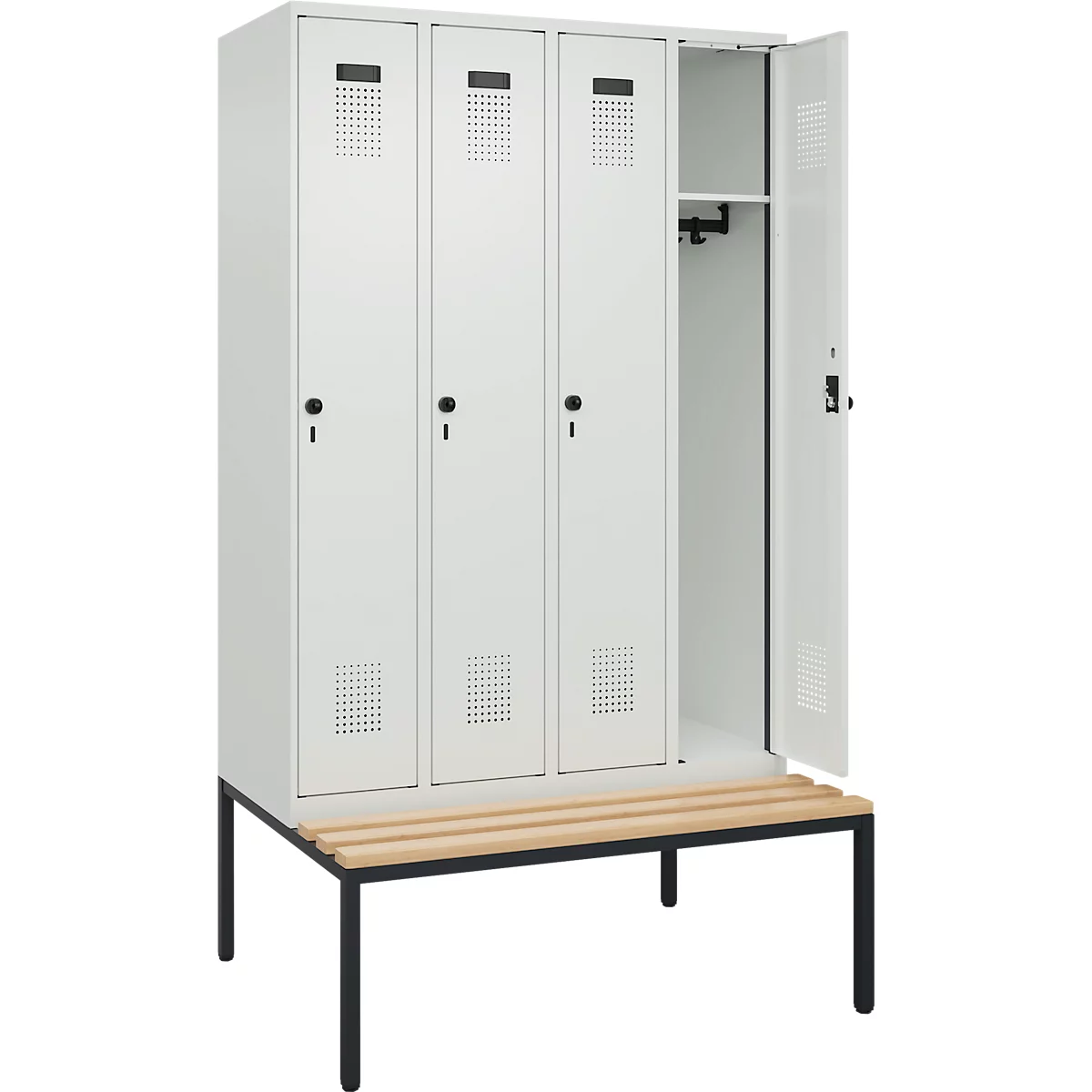 Kleiderspind C+P Evolo Plus, 4 Abteile, 300 mm Abteilbreite, mit untergebauter Sitzbank, B 1200 x T 815 x H 2120 mm, Drehriegel, lichtgrau/lichtgrau