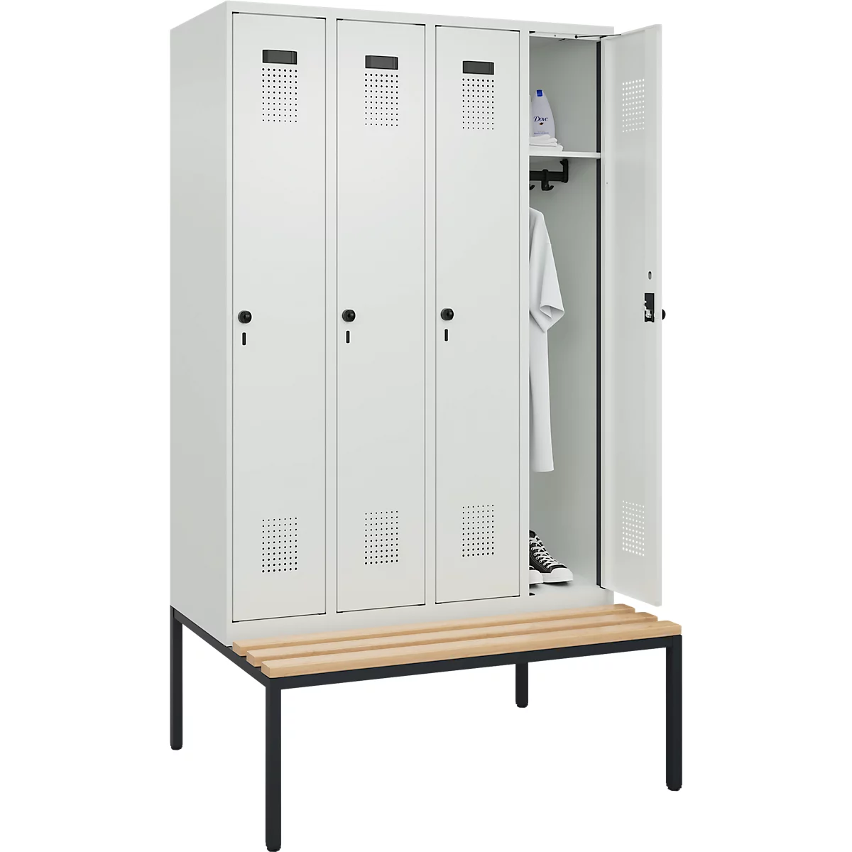 Kleiderspind C+P Evolo Plus, 4 Abteile, 300 mm Abteilbreite, mit untergebauter Sitzbank, B 1200 x T 815 x H 2120 mm, Drehriegel, lichtgrau/lichtgrau