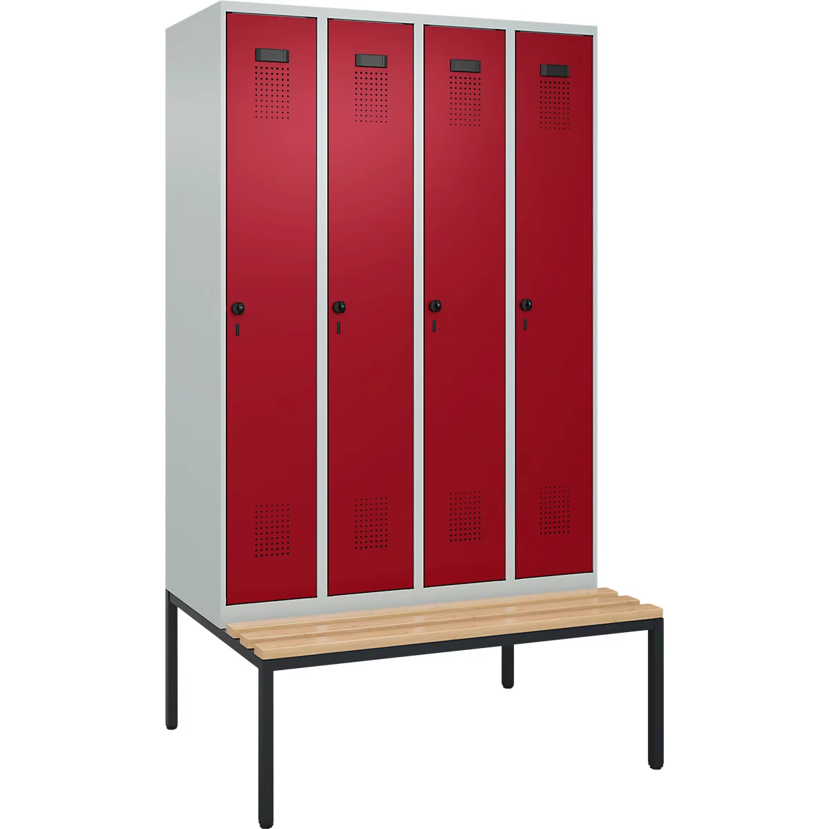 Kleiderspind C+P Evolo Plus, 4 Abteile, 300 mm Abteilbreite, mit untergebauter Sitzbank, B 1200 x T 815 x H 2120 mm, Drehriegel, lichtgrau/rubinrot
