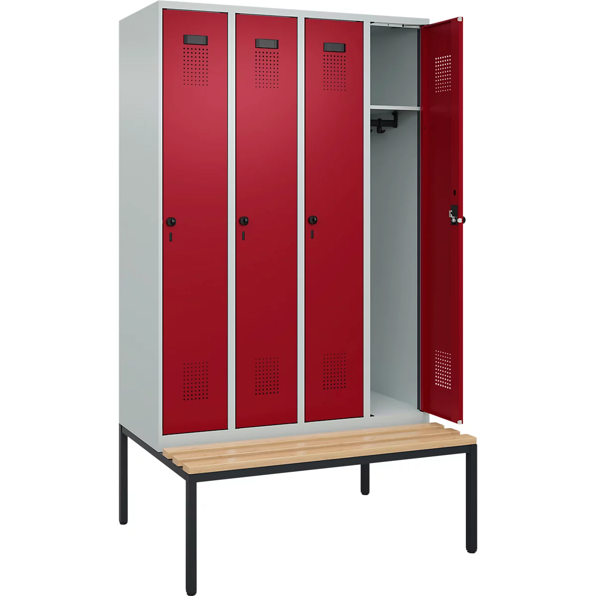 Kleiderspind C+P Evolo Plus, 4 Abteile, 300 mm Abteilbreite, mit untergebauter Sitzbank, B 1200 x T 815 x H 2120 mm, Drehriegel, lichtgrau/rubinrot