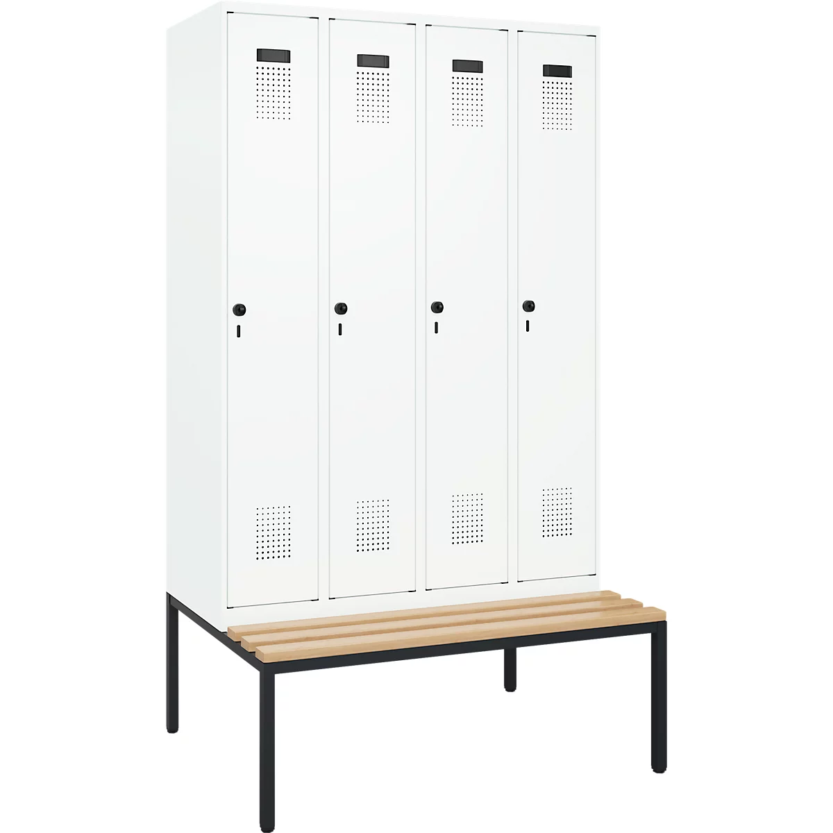 Kleiderspind C+P Evolo Plus, 4 Abteile, 300 mm Abteilbreite, mit untergebauter Sitzbank, B 1200 x T 815 x H 2120 mm, Drehriegel, verkehrsweiß/verkehrsweiß