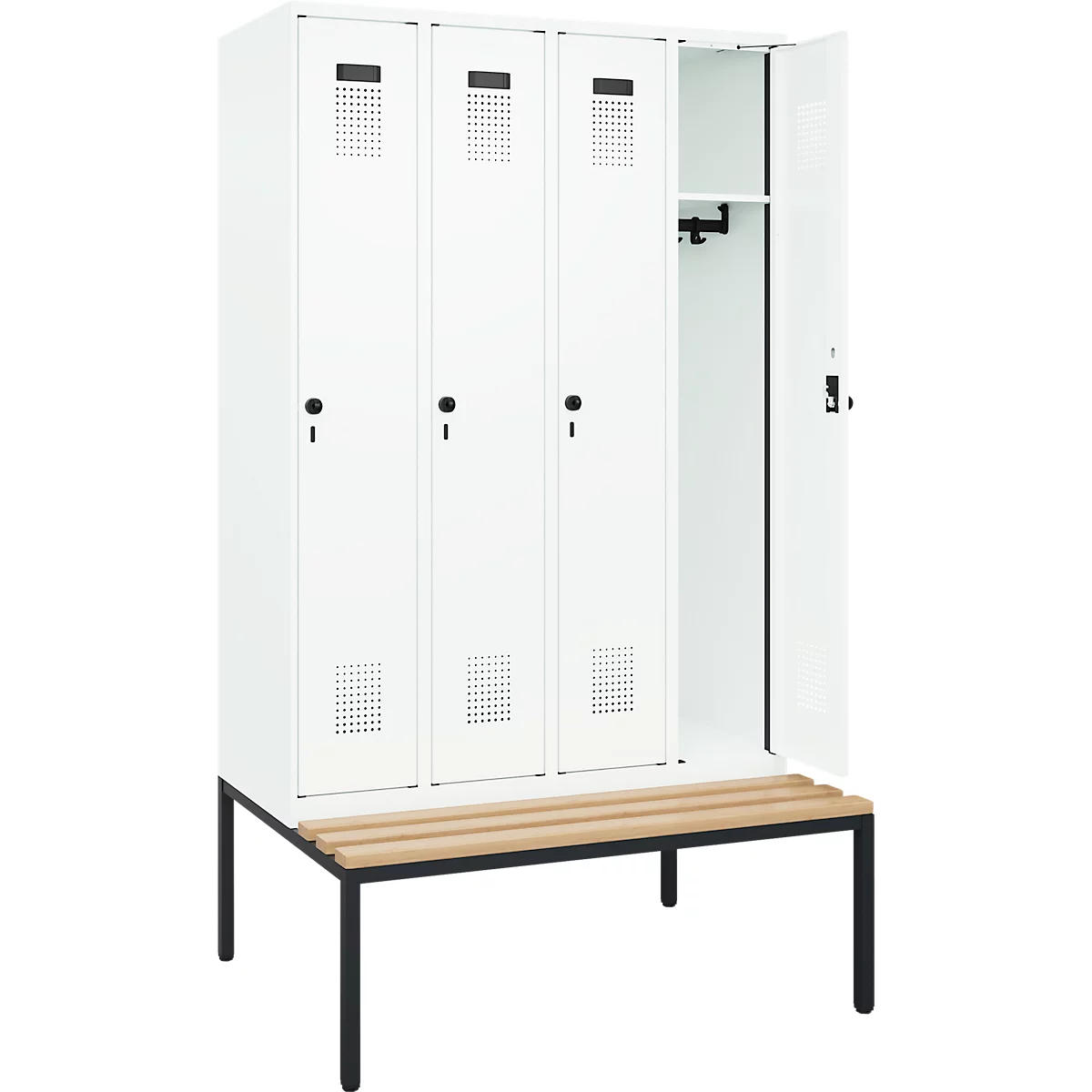 Kleiderspind C+P Evolo Plus, 4 Abteile, 300 mm Abteilbreite, mit untergebauter Sitzbank, B 1200 x T 815 x H 2120 mm, Drehriegel, verkehrsweiß/verkehrsweiß