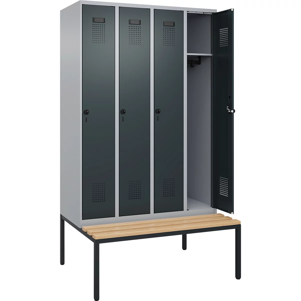 Kleiderspind C+P Evolo Plus, 4 Abteile, 300 mm Abteilbreite, mit untergebauter Sitzbank, B 1200 x T 815 x H 2120 mm, Drehriegel, weißaluminium/anthrazitgrau