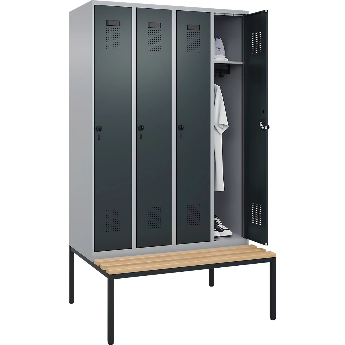 Kleiderspind C+P Evolo Plus, 4 Abteile, 300 mm Abteilbreite, mit untergebauter Sitzbank, B 1200 x T 815 x H 2120 mm, Drehriegel, weißaluminium/anthrazitgrau