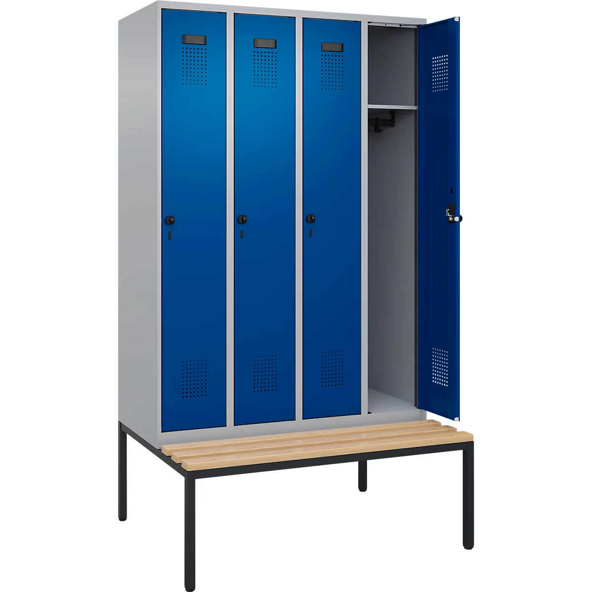 Kleiderspind C+P Evolo Plus, 4 Abteile, 300 mm Abteilbreite, mit untergebauter Sitzbank, B 1200 x T 815 x H 2120 mm, Drehriegel, weißaluminium/enzianblau