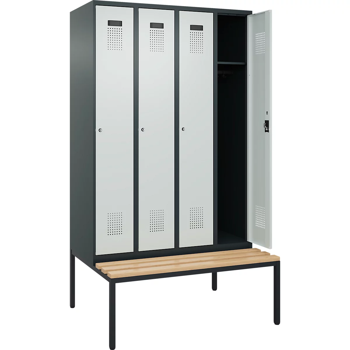 Kleiderspind C+P Evolo Plus, 4 Abteile, 300 mm Abteilbreite, mit untergebauter Sitzbank, B 1200 x T 815 x H 2120 mm, Zylinder, anthrazitgrau/lichtgrau