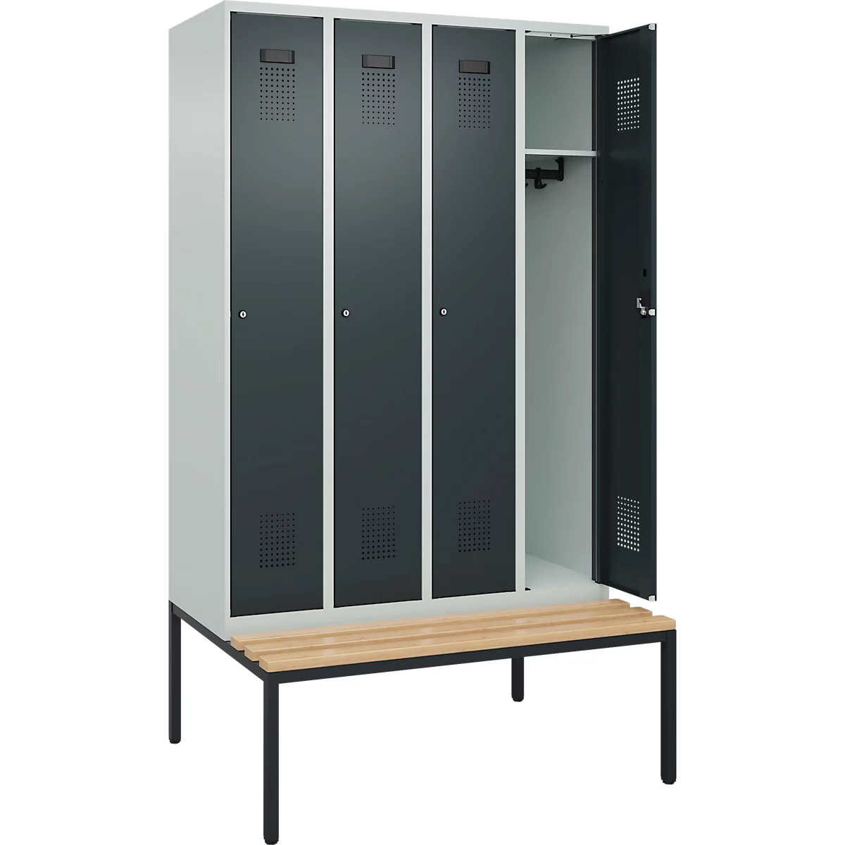 Kleiderspind C+P Evolo Plus, 4 Abteile, 300 mm Abteilbreite, mit untergebauter Sitzbank, B 1200 x T 815 x H 2120 mm, Zylinder, lichtgrau/anthrazitgrau