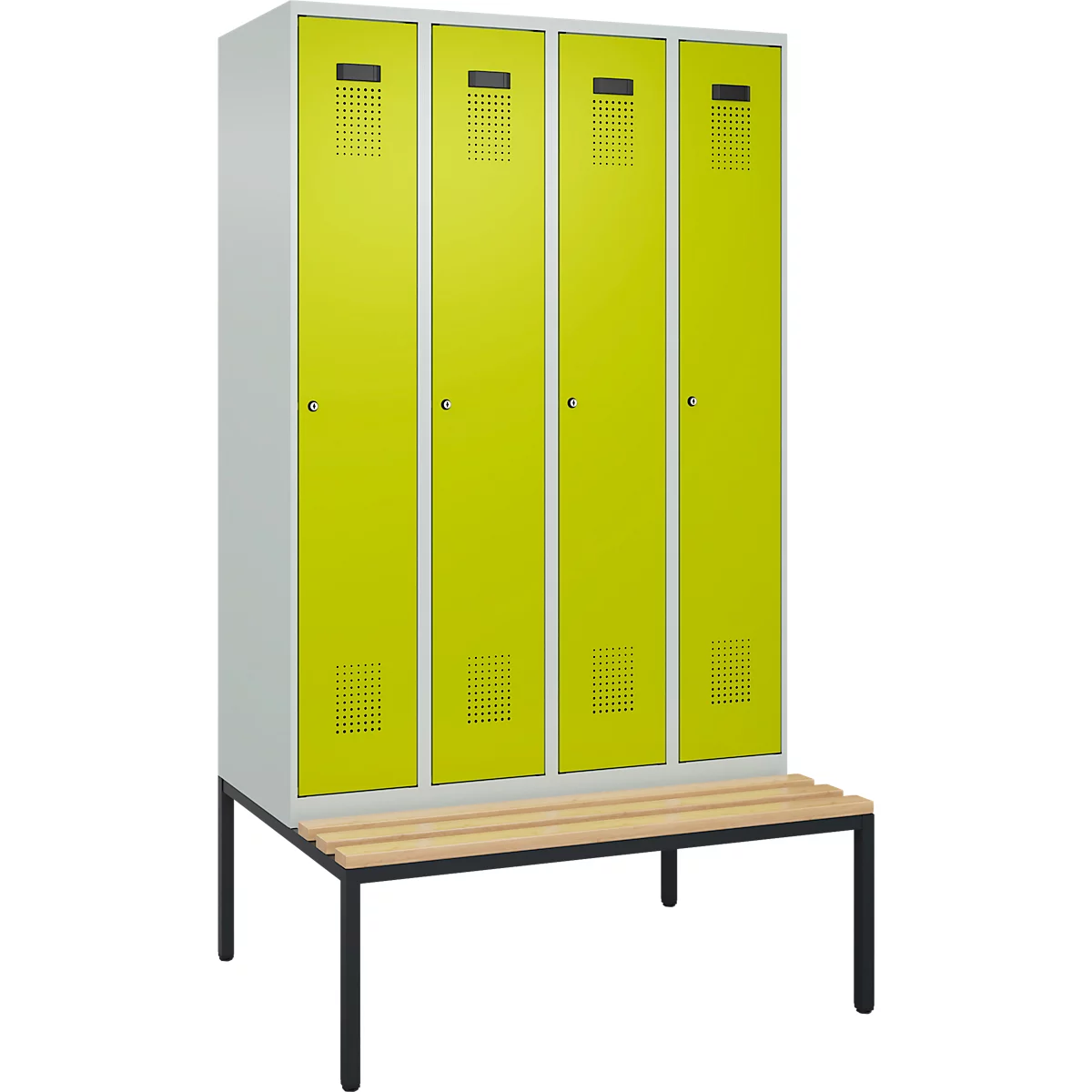Kleiderspind C+P Evolo Plus, 4 Abteile, 300 mm Abteilbreite, mit untergebauter Sitzbank, B 1200 x T 815 x H 2120 mm, Zylinder, lichtgrau/clowngrün