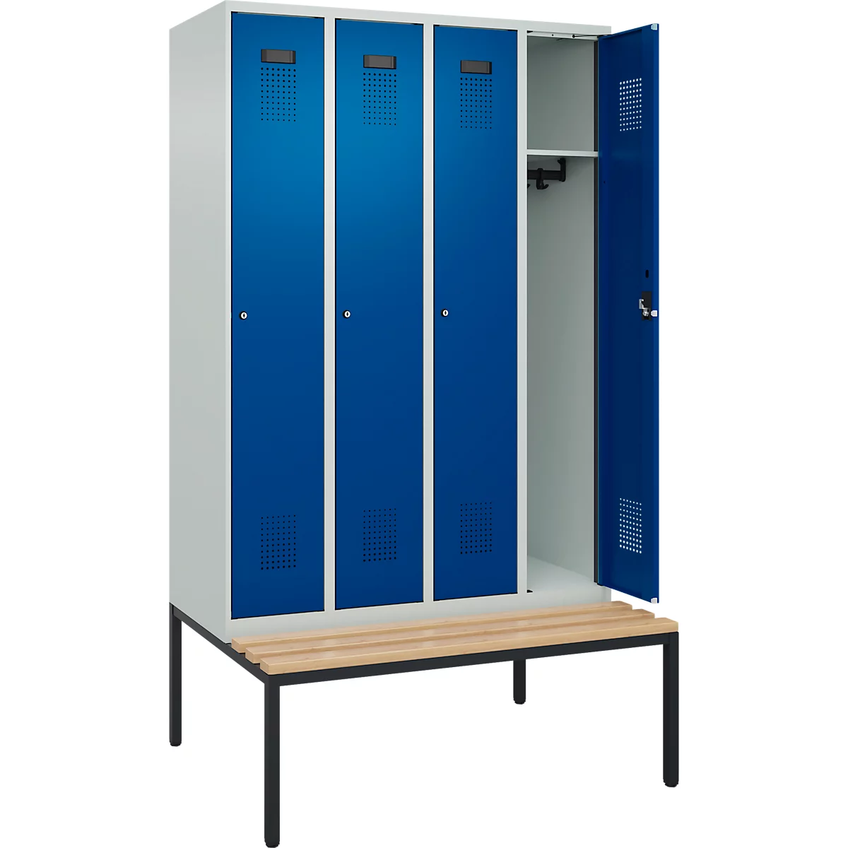 Kleiderspind C+P Evolo Plus, 4 Abteile, 300 mm Abteilbreite, mit untergebauter Sitzbank, B 1200 x T 815 x H 2120 mm, Zylinder, lichtgrau/enzianblau