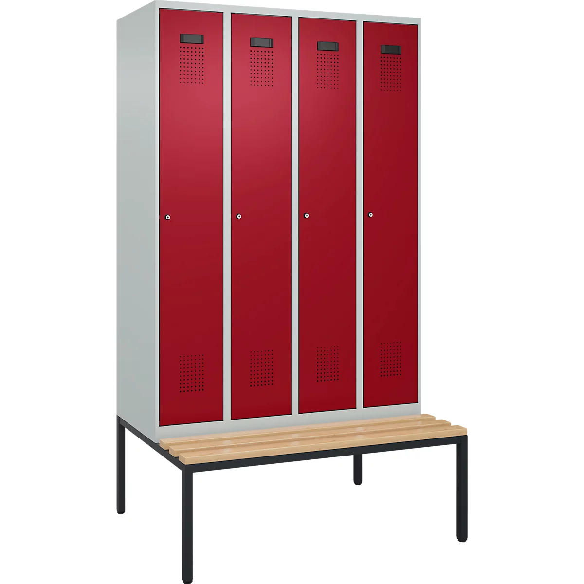 Kleiderspind C+P Evolo Plus, 4 Abteile, 300 mm Abteilbreite, mit untergebauter Sitzbank, B 1200 x T 815 x H 2120 mm, Zylinder, lichtgrau/rubinrot