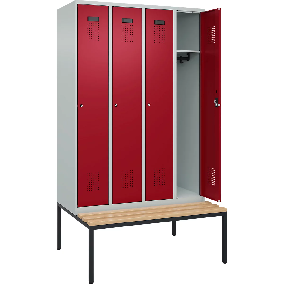 Kleiderspind C+P Evolo Plus, 4 Abteile, 300 mm Abteilbreite, mit untergebauter Sitzbank, B 1200 x T 815 x H 2120 mm, Zylinder, lichtgrau/rubinrot