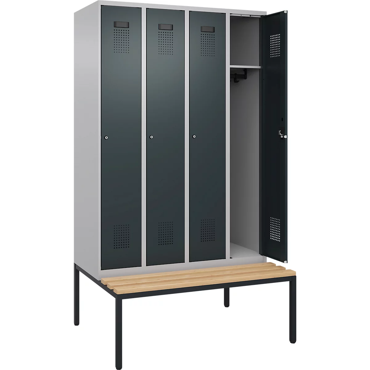 Kleiderspind C+P Evolo Plus, 4 Abteile, 300 mm Abteilbreite, mit untergebauter Sitzbank, B 1200 x T 815 x H 2120 mm, Zylinder, weißaluminium/anthrazitgrau