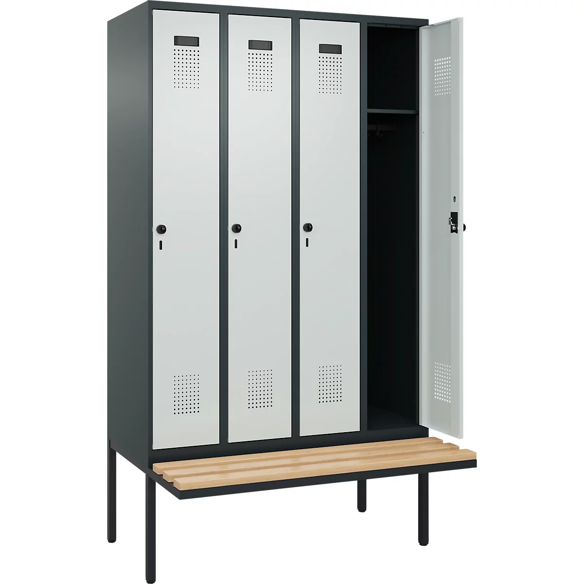 Kleiderspind C+P Evolo Plus, 4 Abteile à 300 mm Breite, schwebende Sitzbank, B 1200 x T 815 x H 2120 mm, Drehriegel, anthrazitgrau/lichtgrau