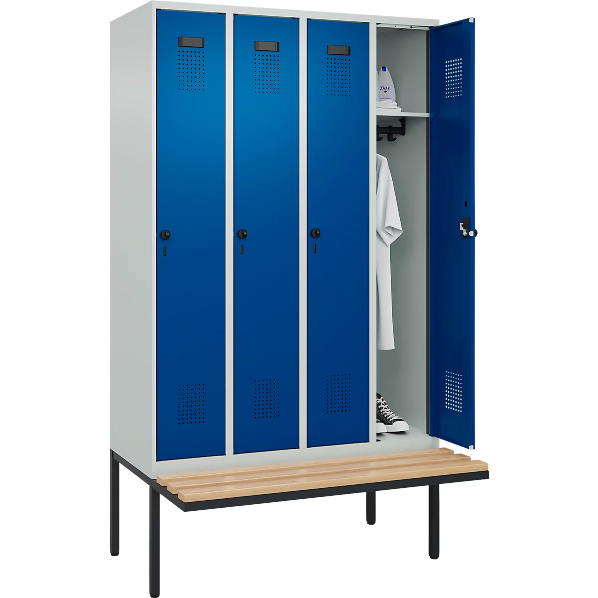 Kleiderspind C+P Evolo Plus, 4 Abteile à 300 mm Breite, schwebende Sitzbank, B 1200 x T 815 x H 2120 mm, Drehriegel, lichtgrau/enzianblau