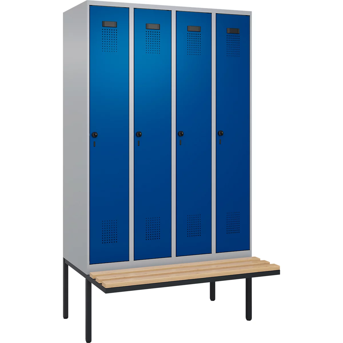 Kleiderspind C+P Evolo Plus, 4 Abteile à 300 mm Breite, schwebende Sitzbank, B 1200 x T 815 x H 2120 mm, Drehriegel, weißaluminium/enzianblau