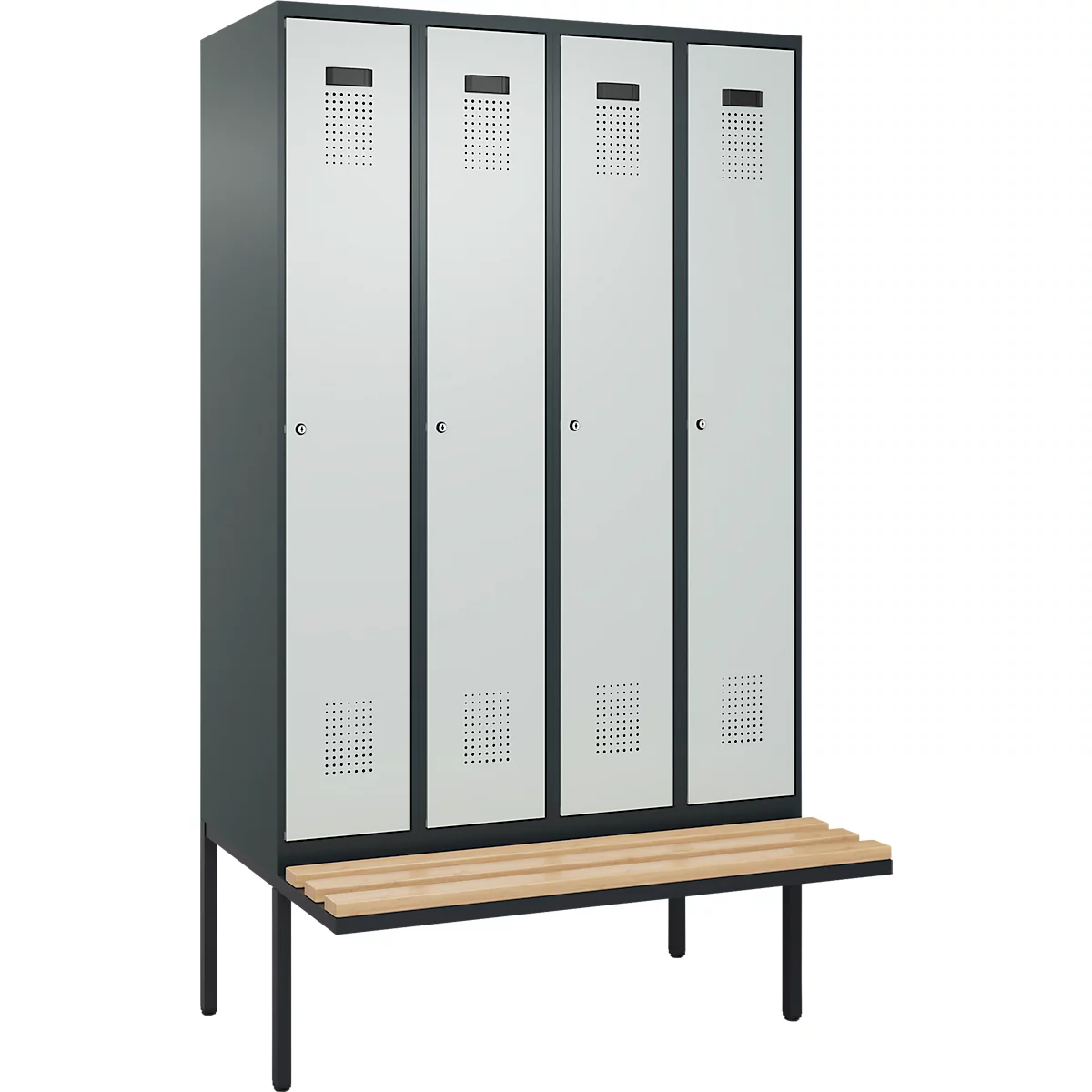Kleiderspind C+P Evolo Plus, 4 Abteile à 300 mm Breite, schwebende Sitzbank, B 1200 x T 815 x H 2120 mm, Zylinder, anthrazitgrau/lichtgrau