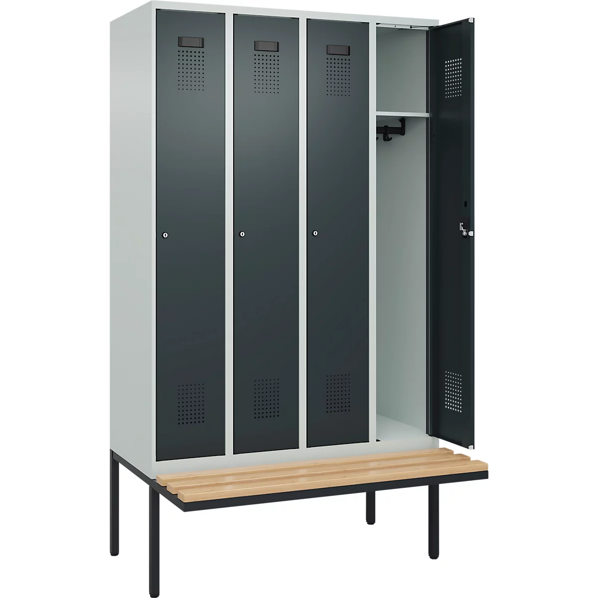 Kleiderspind C+P Evolo Plus, 4 Abteile à 300 mm Breite, schwebende Sitzbank, B 1200 x T 815 x H 2120 mm, Zylinder, lichtgrau/anthrazitgrau