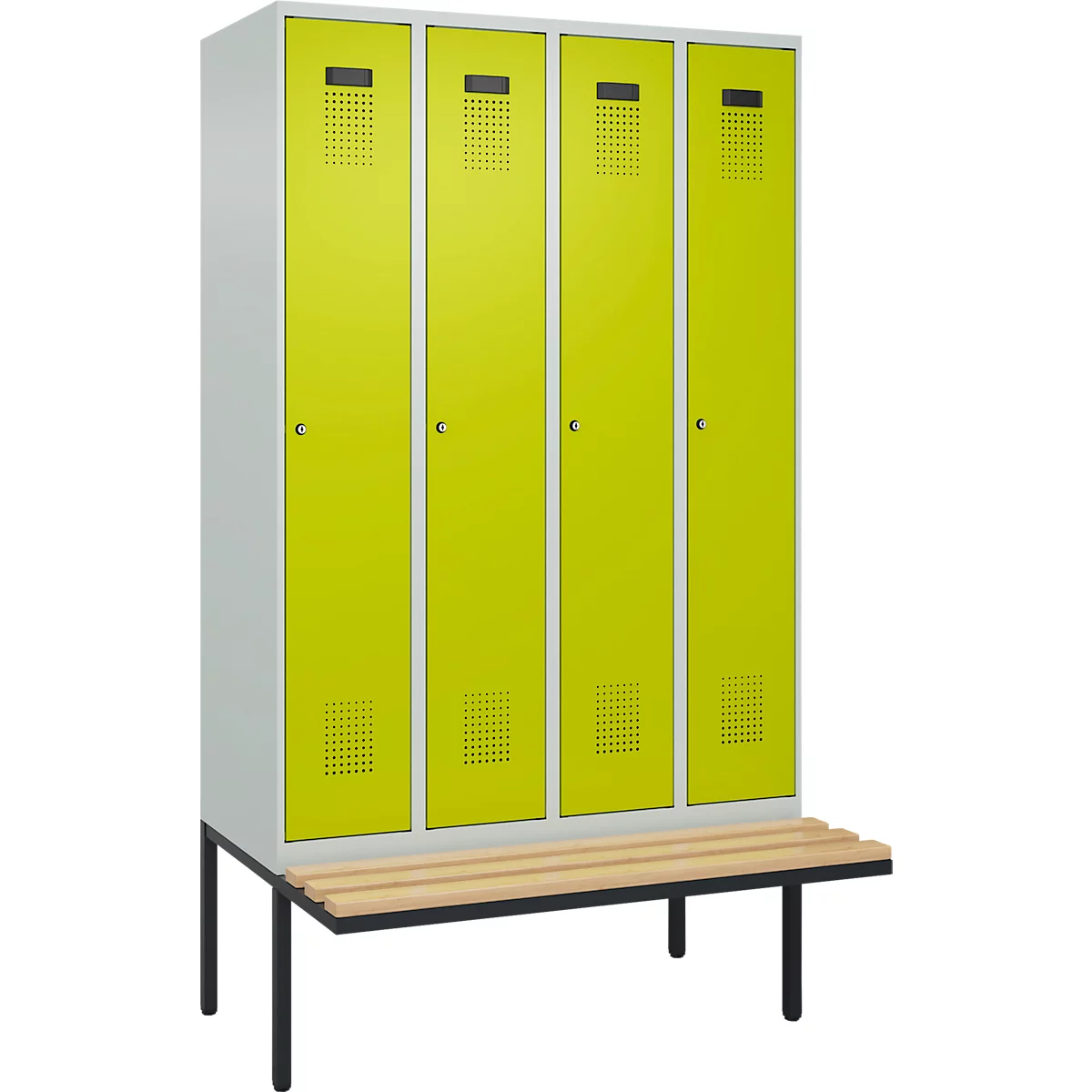 Kleiderspind C+P Evolo Plus, 4 Abteile à 300 mm Breite, schwebende Sitzbank, B 1200 x T 815 x H 2120 mm, Zylinder, lichtgrau/clowngrün