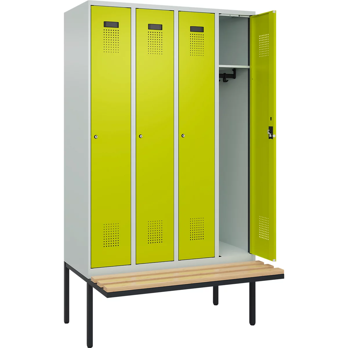 Kleiderspind C+P Evolo Plus, 4 Abteile à 300 mm Breite, schwebende Sitzbank, B 1200 x T 815 x H 2120 mm, Zylinder, lichtgrau/clowngrün