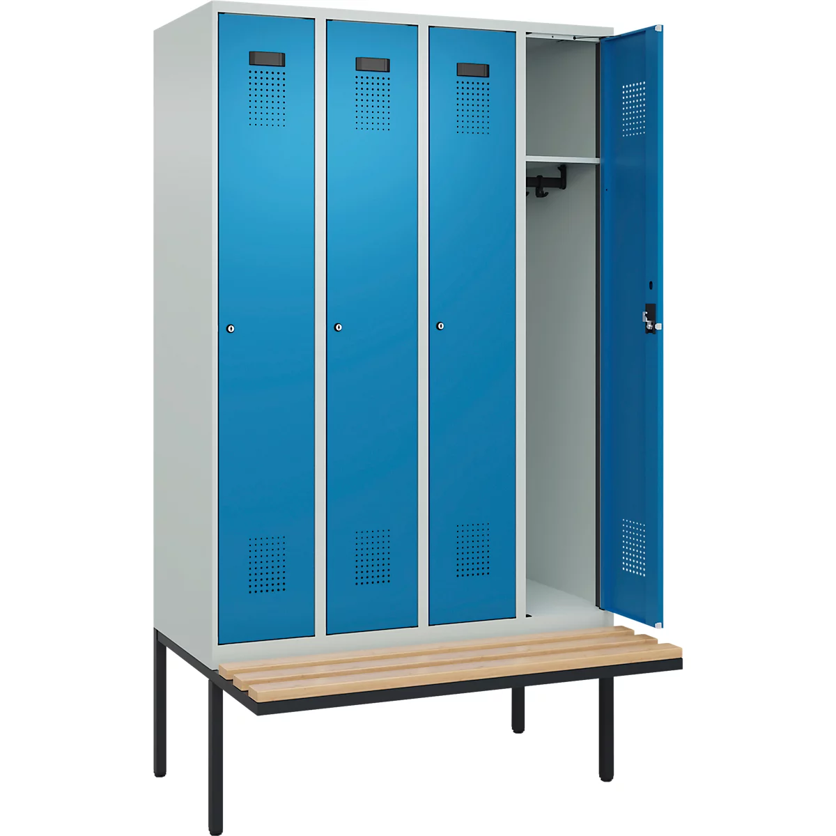 Kleiderspind C+P Evolo Plus, 4 Abteile à 300 mm Breite, schwebende Sitzbank, B 1200 x T 815 x H 2120 mm, Zylinder, lichtgrau/lichtblau