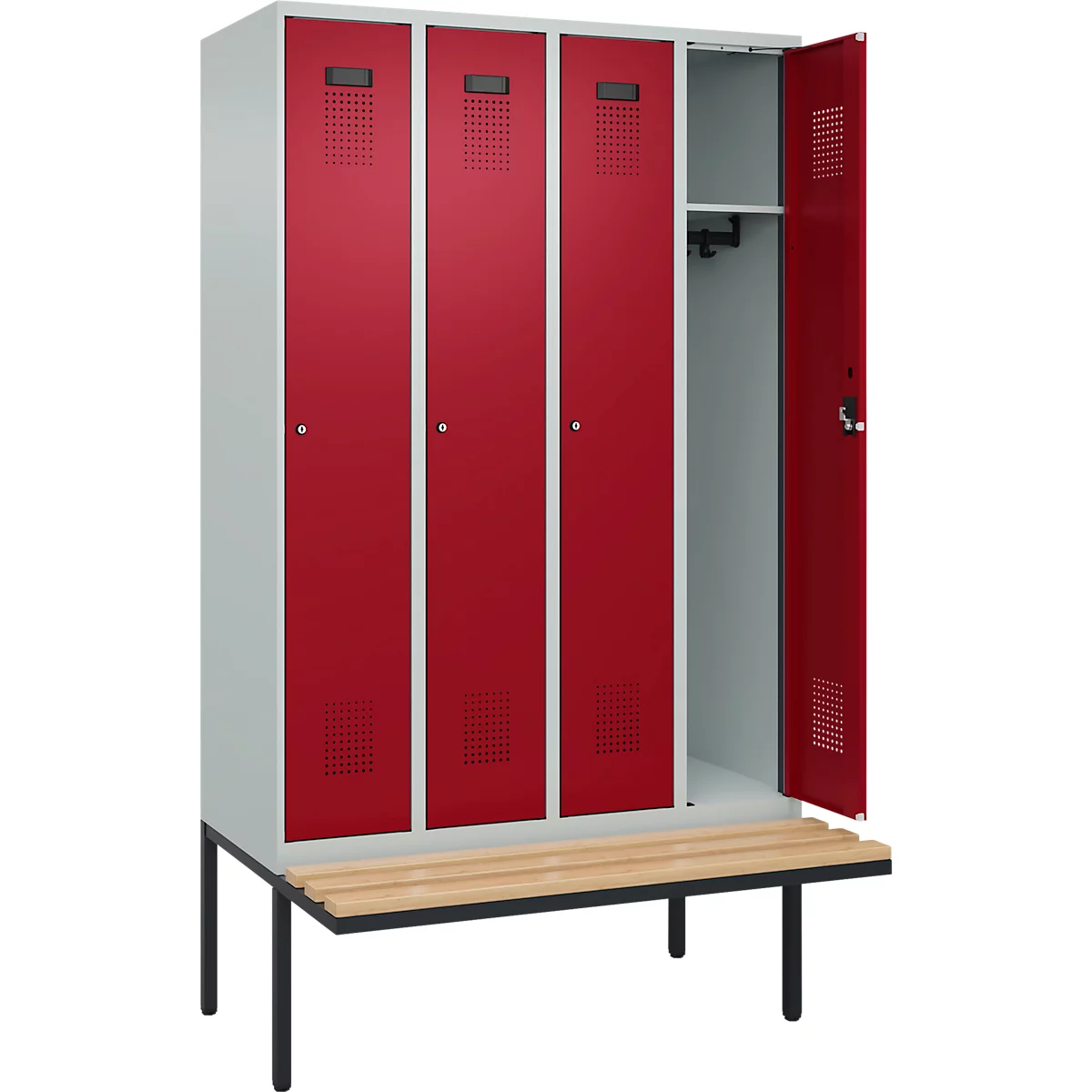 Kleiderspind C+P Evolo Plus, 4 Abteile à 300 mm Breite, schwebende Sitzbank, B 1200 x T 815 x H 2120 mm, Zylinder, lichtgrau/rubinrot