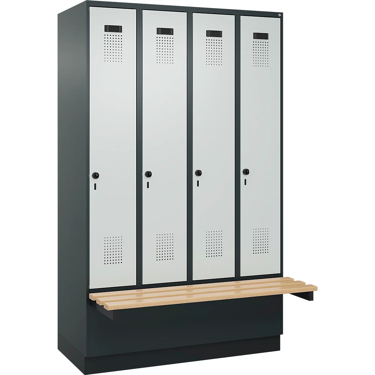 Kleiderspind C+P Evolo Plus, 4 Abteile à 300 mm Breite, Sockel, schwebende Sitzbank, B 1200 x T 815 x H 1950 mm, Drehriegel, anthrazitgrau/lichtgrau