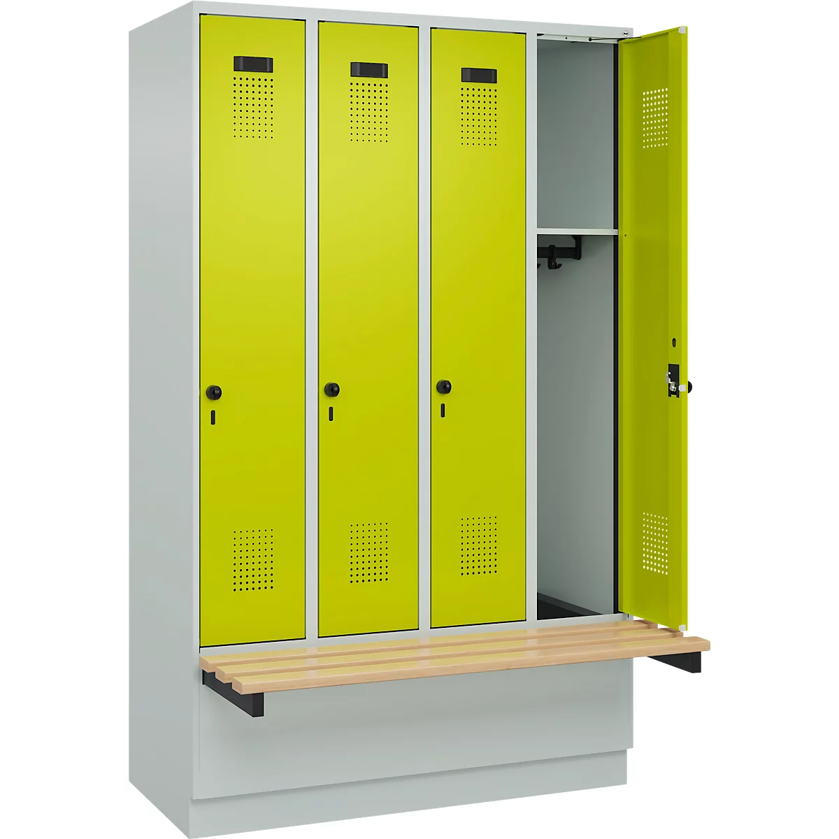 Kleiderspind C+P Evolo Plus, 4 Abteile à 300 mm Breite, Sockel, schwebende Sitzbank, B 1200 x T 815 x H 1950 mm, Drehriegel, lichtgrau/clowngrün