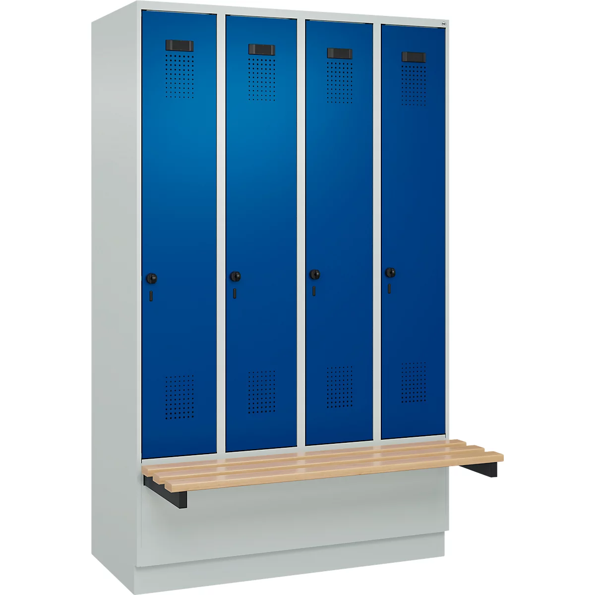 Kleiderspind C+P Evolo Plus, 4 Abteile à 300 mm Breite, Sockel, schwebende Sitzbank, B 1200 x T 815 x H 1950 mm, Drehriegel, lichtgrau/enzianblau