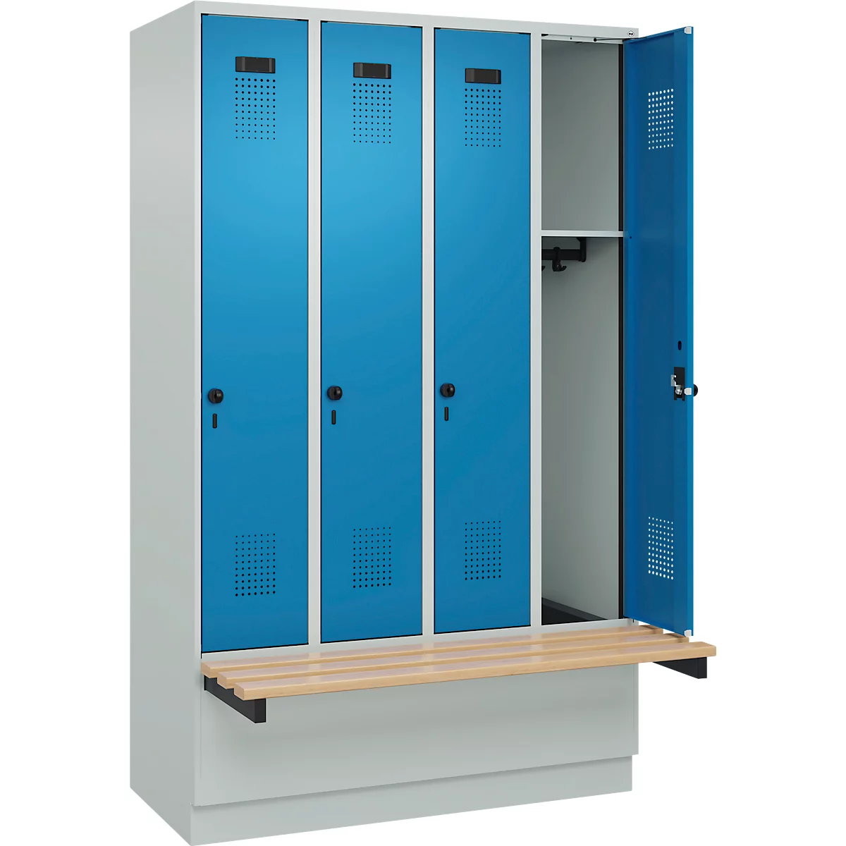 Kleiderspind C+P Evolo Plus, 4 Abteile à 300 mm Breite, Sockel, schwebende Sitzbank, B 1200 x T 815 x H 1950 mm, Drehriegel, lichtgrau/lichtblau
