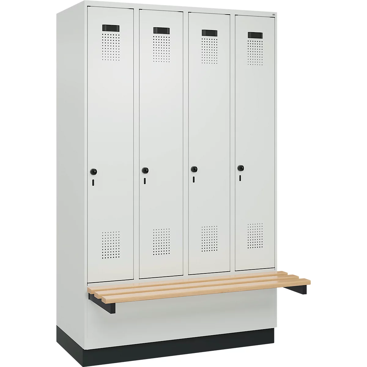 Kleiderspind C+P Evolo Plus, 4 Abteile à 300 mm Breite, Sockel, schwebende Sitzbank, B 1200 x T 815 x H 1950 mm, Drehriegel, lichtgrau/lichtgrau
