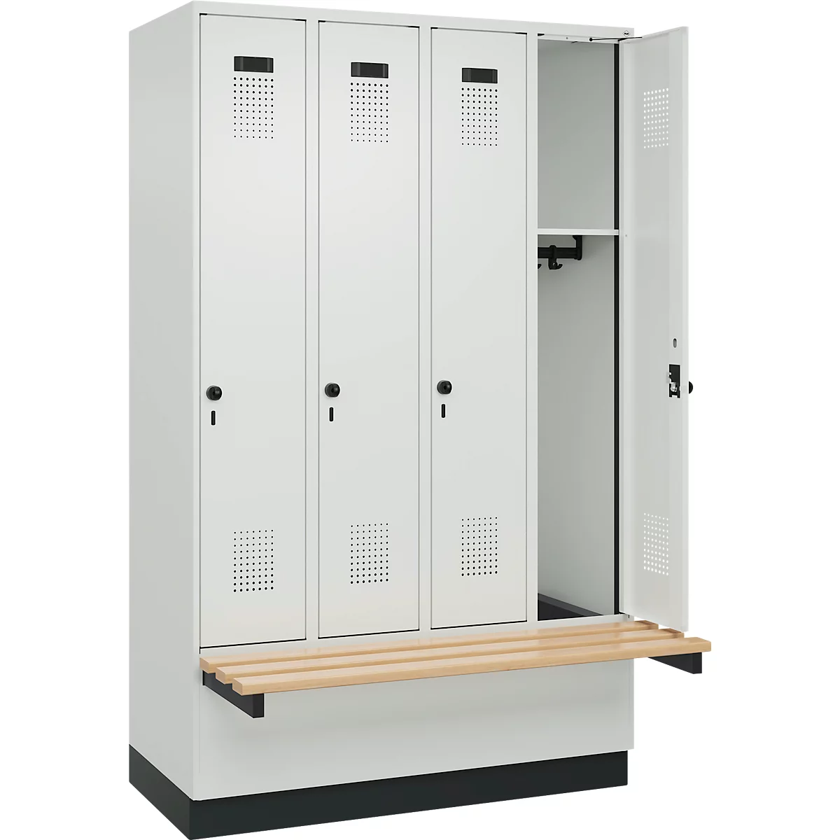 Kleiderspind C+P Evolo Plus, 4 Abteile à 300 mm Breite, Sockel, schwebende Sitzbank, B 1200 x T 815 x H 1950 mm, Drehriegel, lichtgrau/lichtgrau