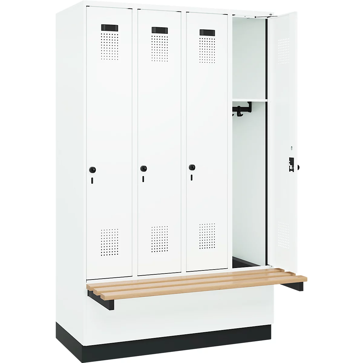 Kleiderspind C+P Evolo Plus, 4 Abteile à 300 mm Breite, Sockel, schwebende Sitzbank, B 1200 x T 815 x H 1950 mm, Drehriegel, verkehrsweiß/verkehrsweiß