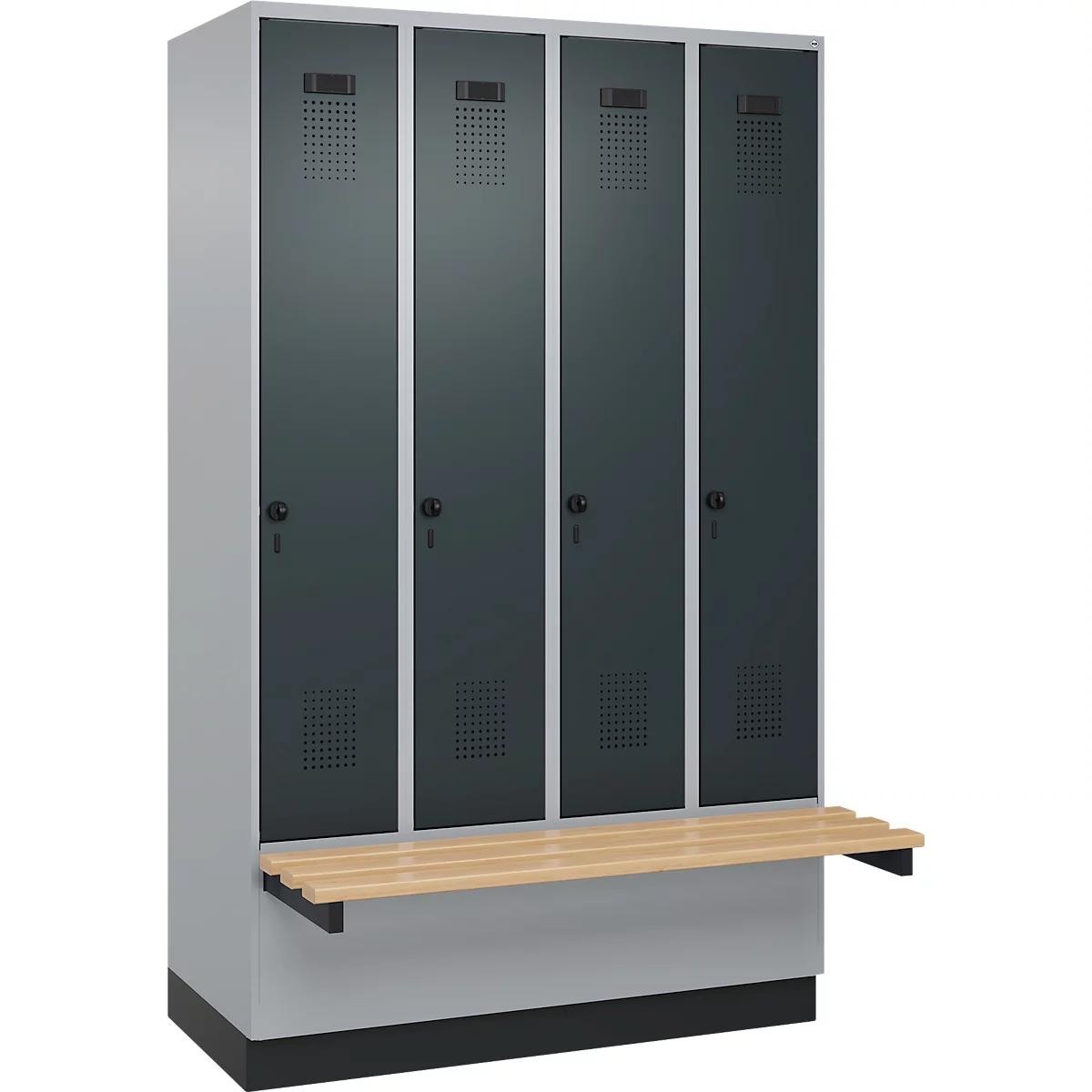 Kleiderspind C+P Evolo Plus, 4 Abteile à 300 mm Breite, Sockel, schwebende Sitzbank, B 1200 x T 815 x H 1950 mm, Drehriegel, weißaluminium/anthrazitgrau