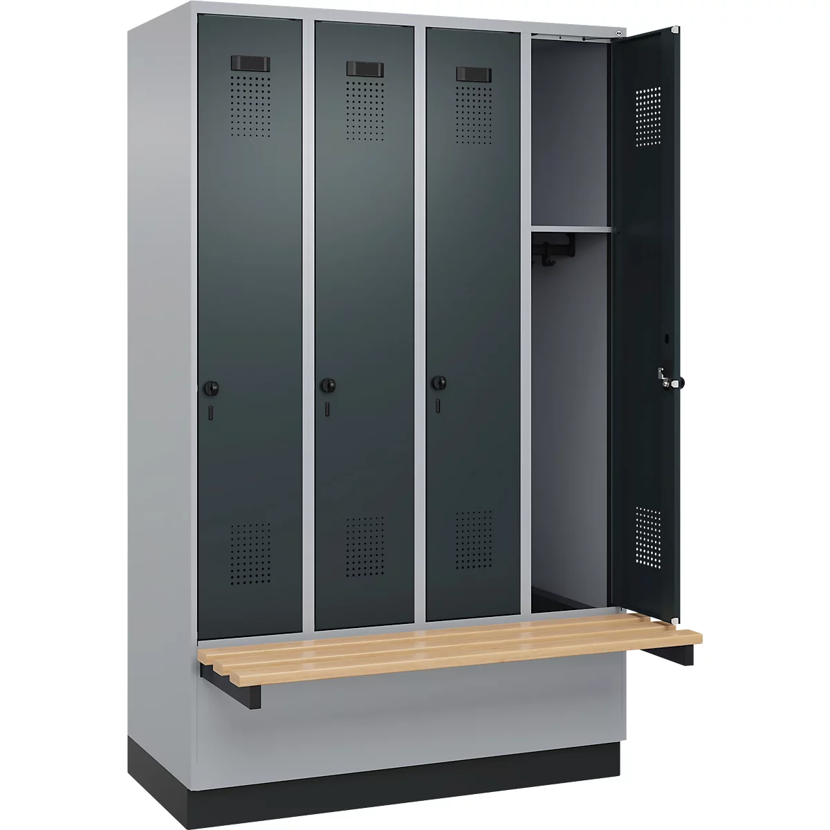 Kleiderspind C+P Evolo Plus, 4 Abteile à 300 mm Breite, Sockel, schwebende Sitzbank, B 1200 x T 815 x H 1950 mm, Drehriegel, weißaluminium/anthrazitgrau