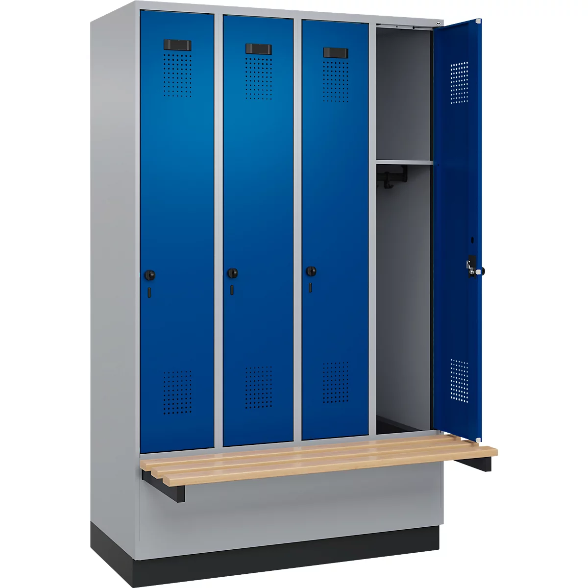Kleiderspind C+P Evolo Plus, 4 Abteile à 300 mm Breite, Sockel, schwebende Sitzbank, B 1200 x T 815 x H 1950 mm, Drehriegel, weißaluminium/enzianblau