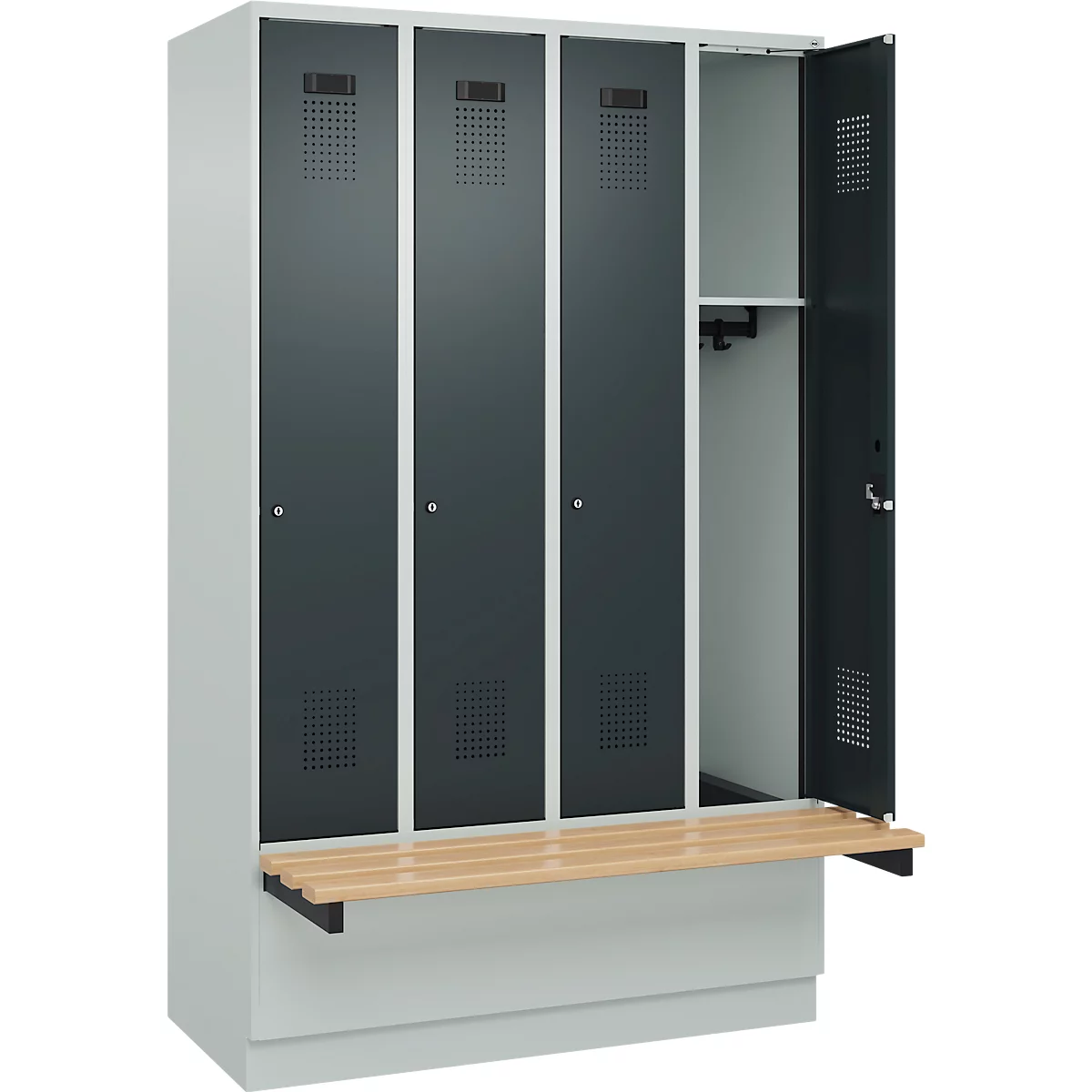 Kleiderspind C+P Evolo Plus, 4 Abteile à 300 mm Breite, Sockel, schwebende Sitzbank, B 1200 x T 815 x H 1950 mm, Zylinder, lichtgrau/anthrazitgrau
