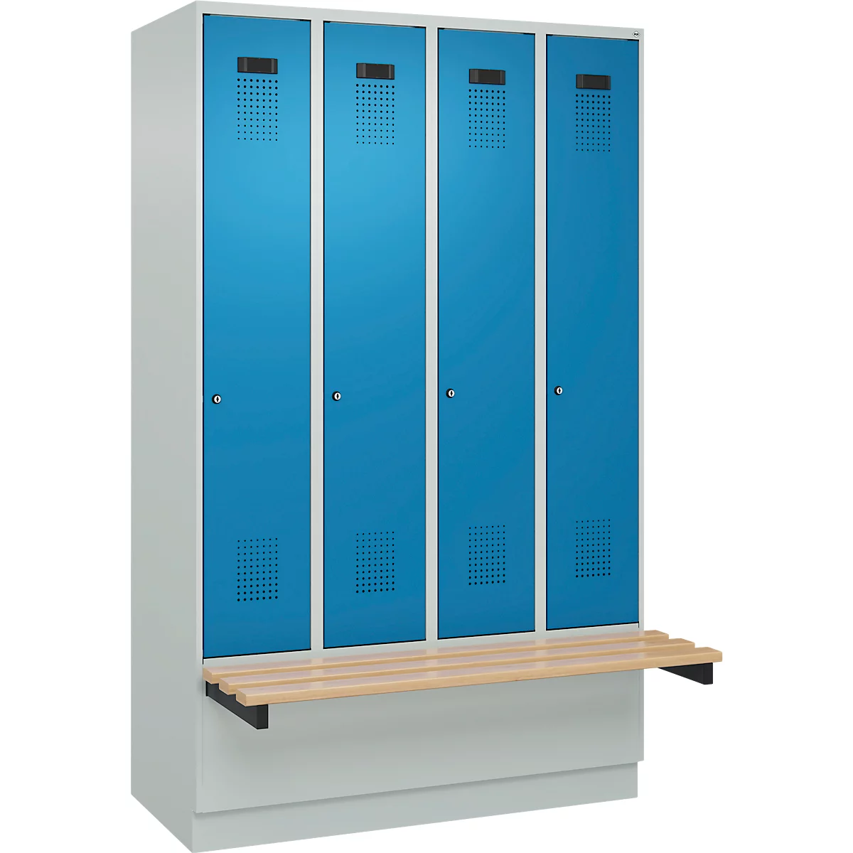 Kleiderspind C+P Evolo Plus, 4 Abteile à 300 mm Breite, Sockel, schwebende Sitzbank, B 1200 x T 815 x H 1950 mm, Zylinder, lichtgrau/lichtblau