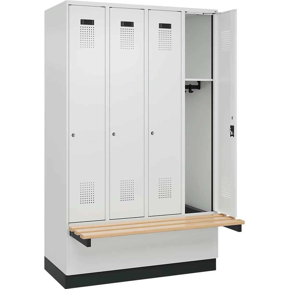 Kleiderspind C+P Evolo Plus, 4 Abteile à 300 mm Breite, Sockel, schwebende Sitzbank, B 1200 x T 815 x H 1950 mm, Zylinder, lichtgrau/lichtgrau