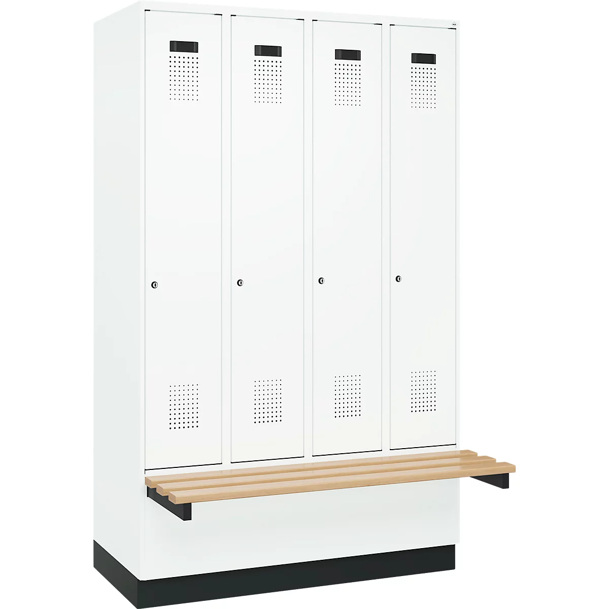 Kleiderspind C+P Evolo Plus, 4 Abteile à 300 mm Breite, Sockel, schwebende Sitzbank, B 1200 x T 815 x H 1950 mm, Zylinder, verkehrsweiß/verkehrsweiß