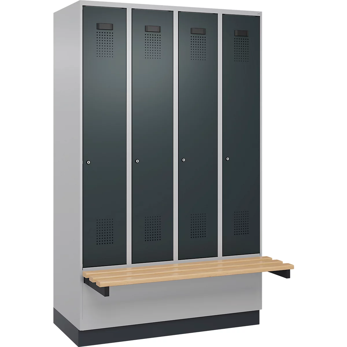 Kleiderspind C+P Evolo Plus, 4 Abteile à 300 mm Breite, Sockel, schwebende Sitzbank, B 1200 x T 815 x H 1950 mm, Zylinder, weißaluminium/anthrazitgrau