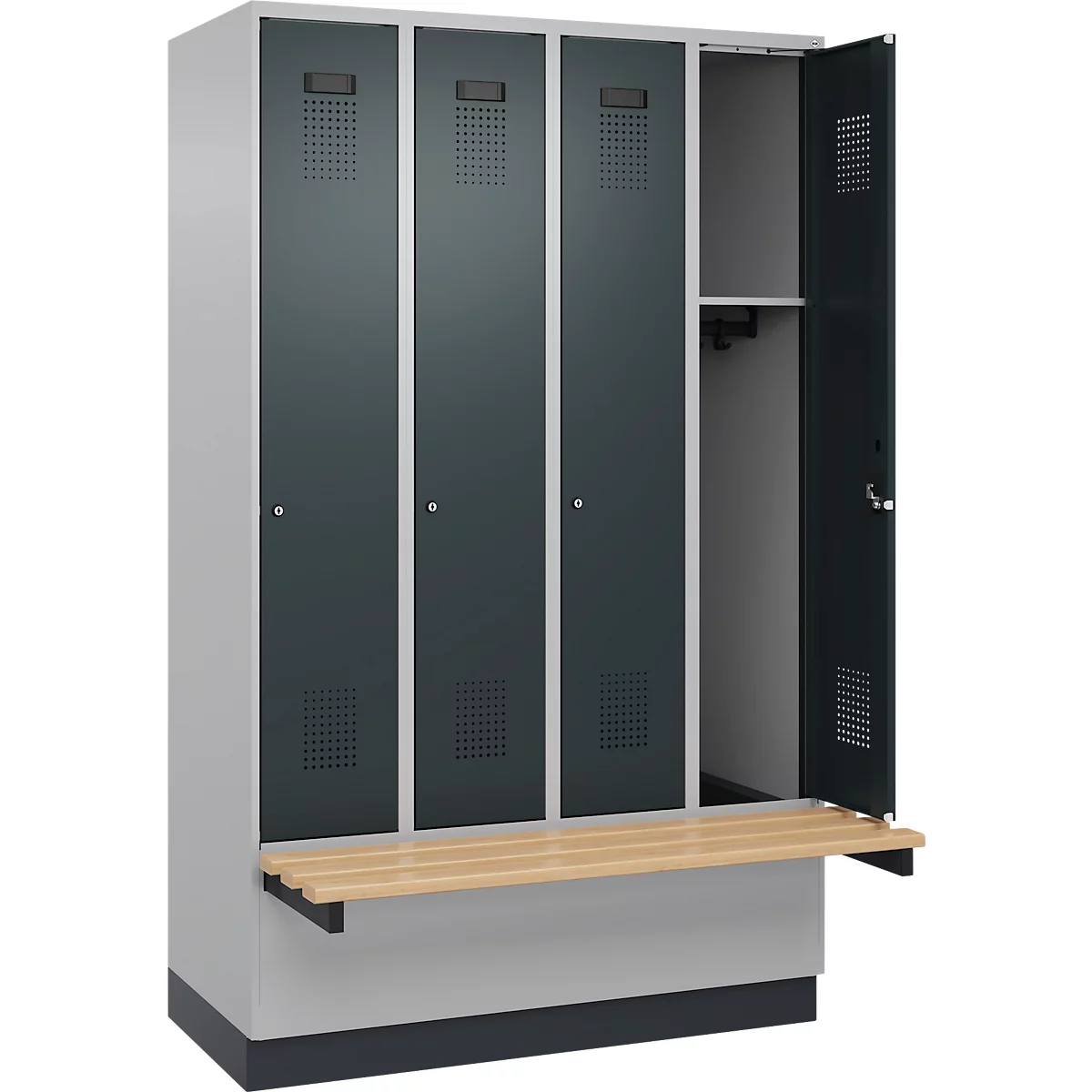 Kleiderspind C+P Evolo Plus, 4 Abteile à 300 mm Breite, Sockel, schwebende Sitzbank, B 1200 x T 815 x H 1950 mm, Zylinder, weißaluminium/anthrazitgrau