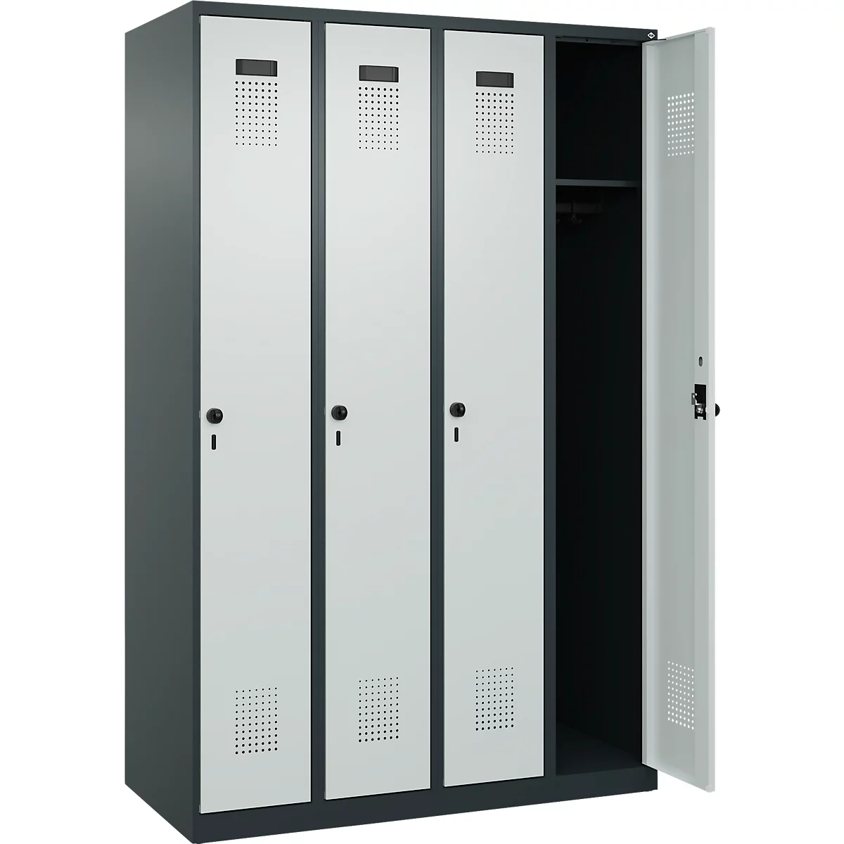 Kleiderspind C+P Evolo Plus, 4 Abteile, Anschlag rechts, Sicherheits-Drehriegel, B 1200 x T 500 x H 1850 mm, anthrazitgrau/lichtgrau