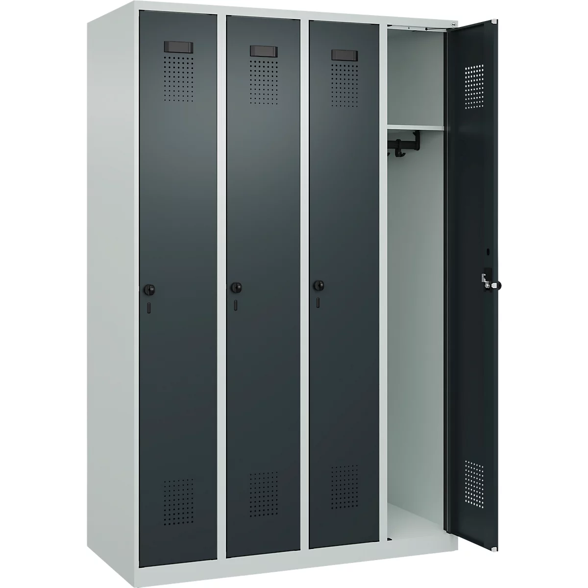 Kleiderspind C+P Evolo Plus, 4 Abteile, Anschlag rechts, Sicherheits-Drehriegel, B 1200 x T 500 x H 1850 mm, lichtgrau/anthrazitgrau