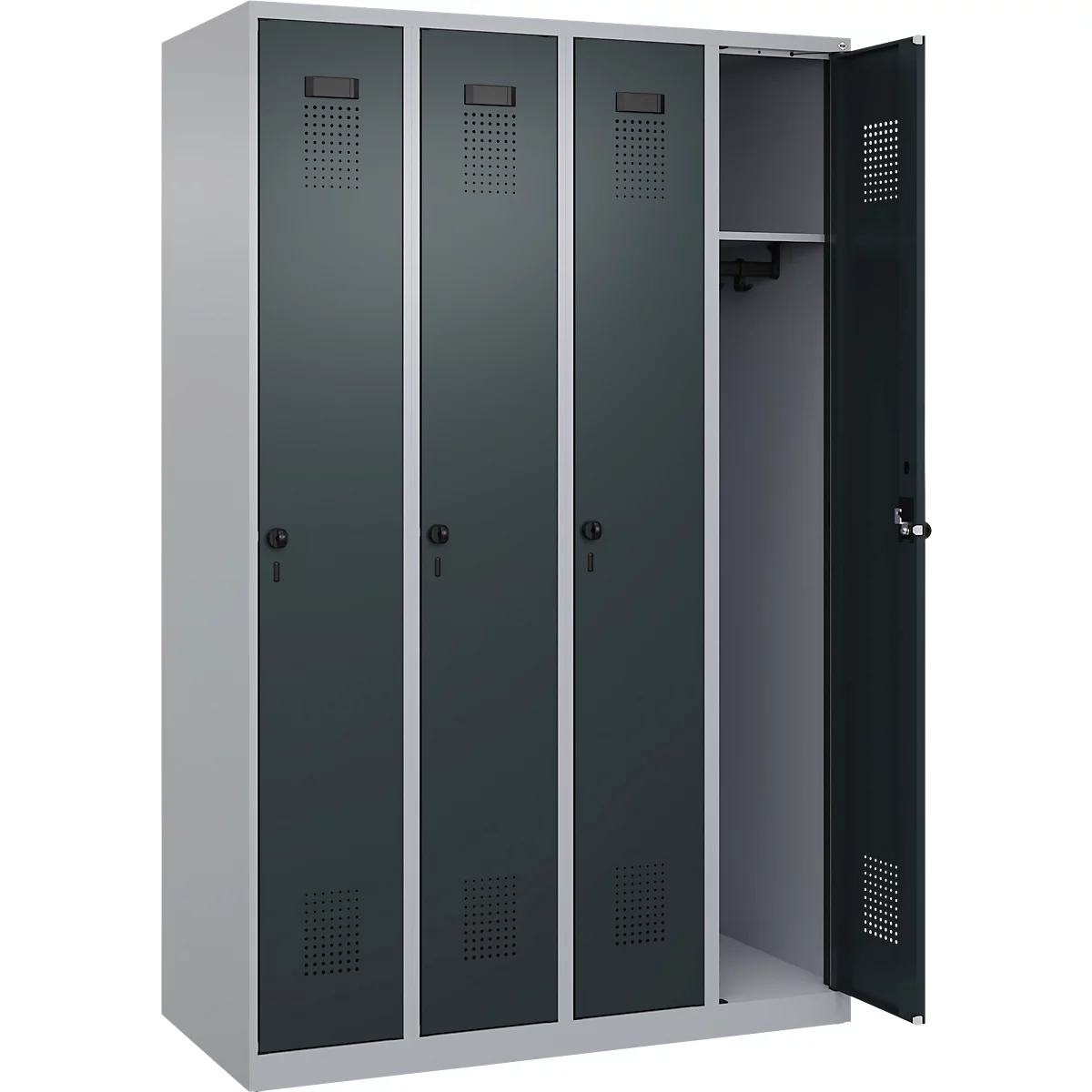 Kleiderspind C+P Evolo Plus, 4 Abteile, Anschlag rechts, Sicherheits-Drehriegel, B 1200 x T 500 x H 1850 mm, weißaluminium/anthrazitgrau