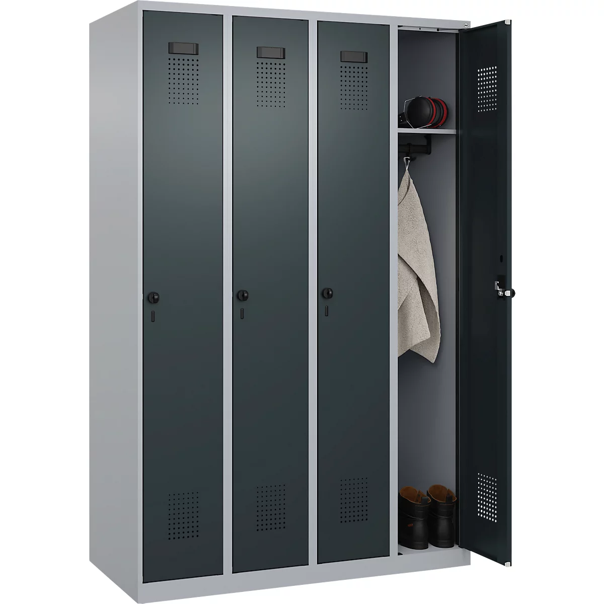 Kleiderspind C+P Evolo Plus, 4 Abteile, Anschlag rechts, Sicherheits-Drehriegel, B 1200 x T 500 x H 1850 mm, weißaluminium/anthrazitgrau