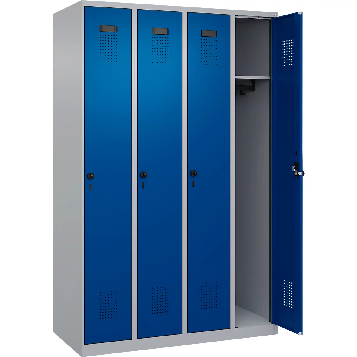 Kleiderspind C+P Evolo Plus, 4 Abteile, Anschlag rechts, Sicherheits-Drehriegel, B 1200 x T 500 x H 1850 mm, weißaluminium/enzianblau