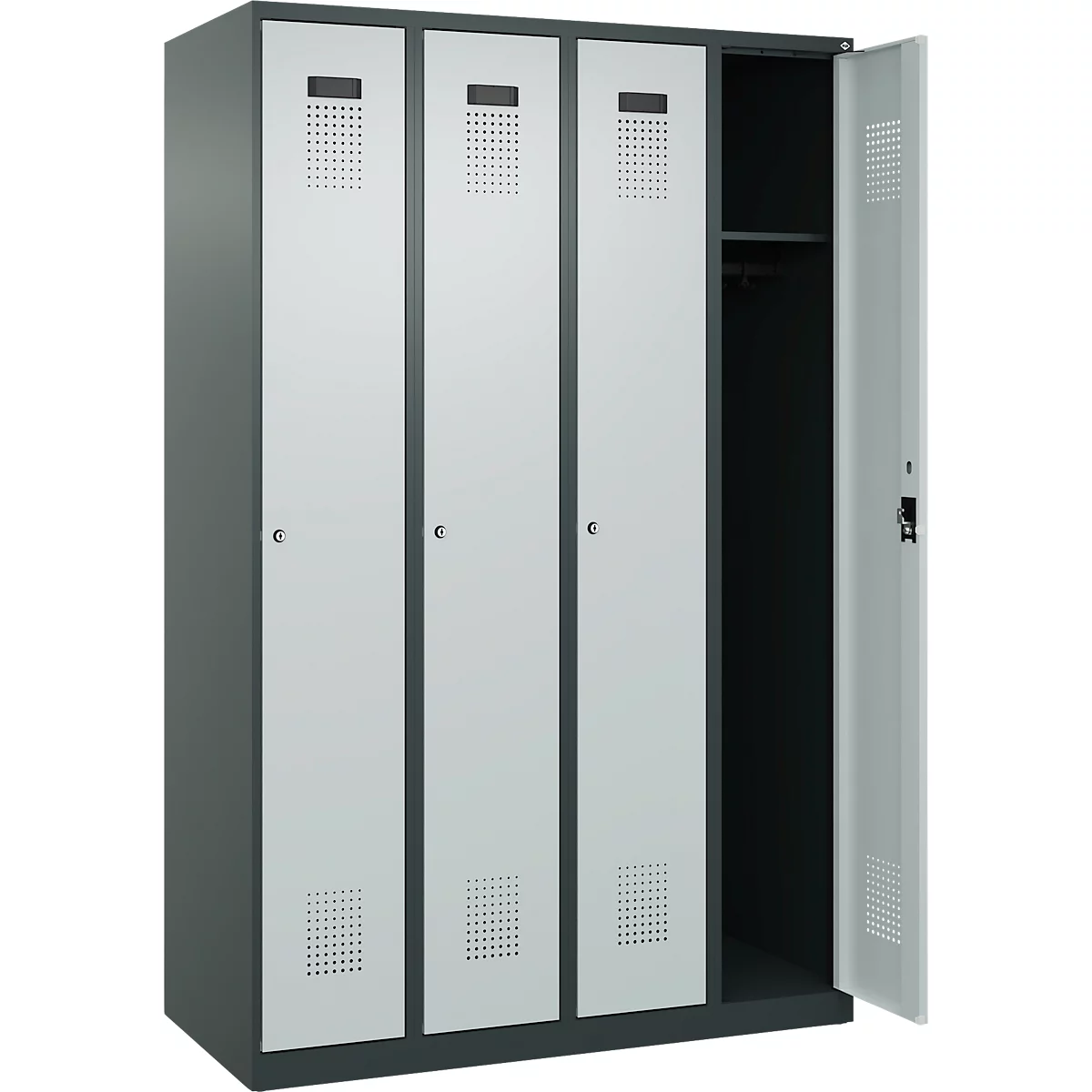 Kleiderspind C+P Evolo Plus, 4 Abteile, Anschlag rechts, Zylinderschloss, Soft-Anschlag, B 1200 x T 500 x H 1850 mm, anthrazitgrau/lichtgrau