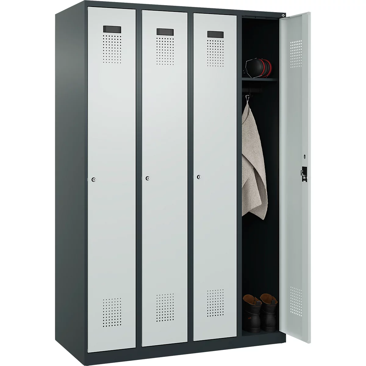 Kleiderspind C+P Evolo Plus, 4 Abteile, Anschlag rechts, Zylinderschloss, Soft-Anschlag, B 1200 x T 500 x H 1850 mm, anthrazitgrau/lichtgrau