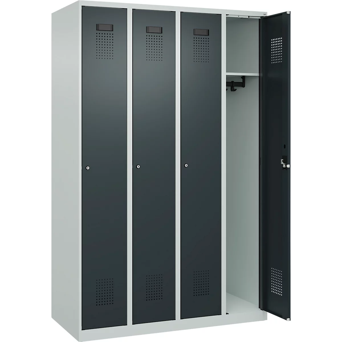 Kleiderspind C+P Evolo Plus, 4 Abteile, Anschlag rechts, Zylinderschloss, Soft-Anschlag, B 1200 x T 500 x H 1850 mm, lichtgrau/anthrazitgrau